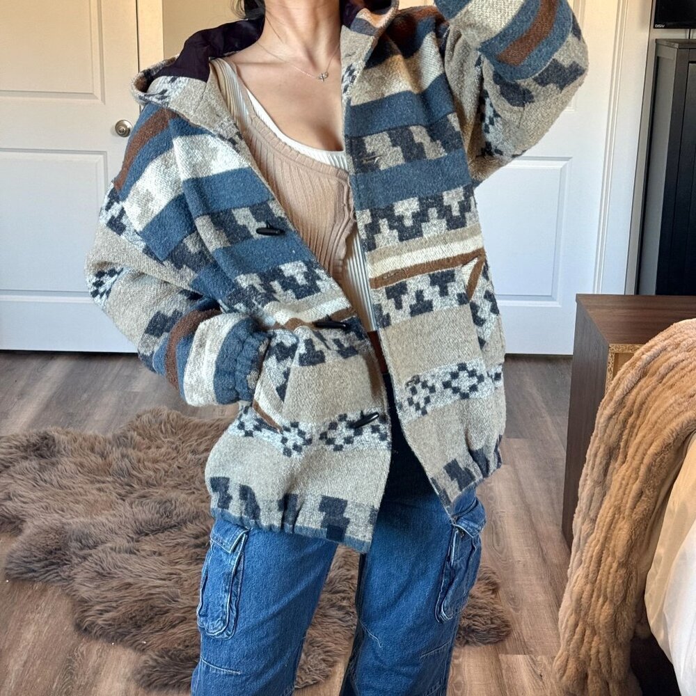 Vintage Aztec Southwestern Blanket Coat Hooded Wool Blend Toggle Jacket Cabin